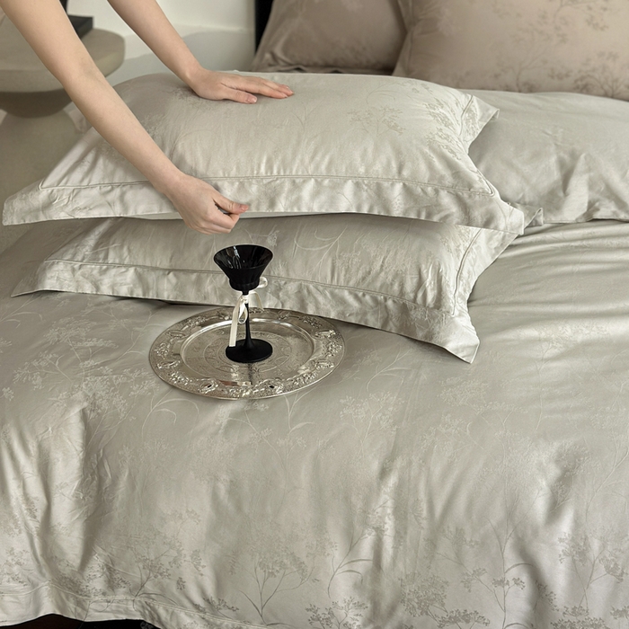 91家纺网 家纺一手货源 找家纺 睡棉坊 2026新款双股长绒棉四件套埋绳款全棉提花四件套 千恋花-豆灰绿