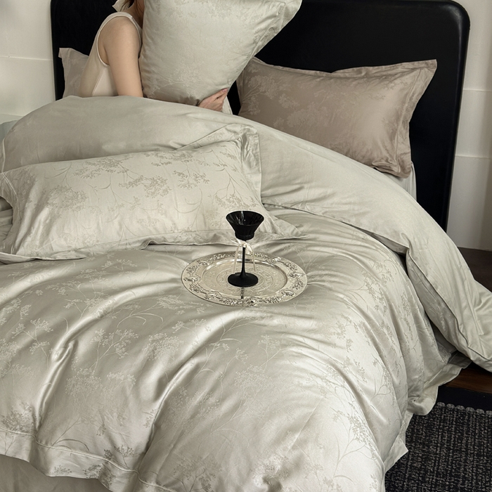 91家纺网 家纺一手货源 找家纺 睡棉坊 2026新款双股长绒棉四件套埋绳款全棉提花四件套 千恋花-豆灰绿