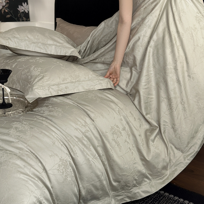 91家纺网 家纺一手货源 找家纺 睡棉坊 2026新款双股长绒棉四件套埋绳款全棉提花四件套 千恋花-豆灰绿