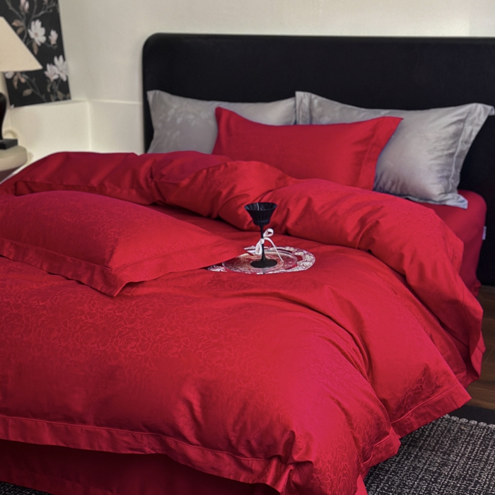 91家纺网 家纺一手货源 找家纺 睡棉坊 2026新款双股长绒棉四件套埋绳款全棉提花四件套 春光里-大红