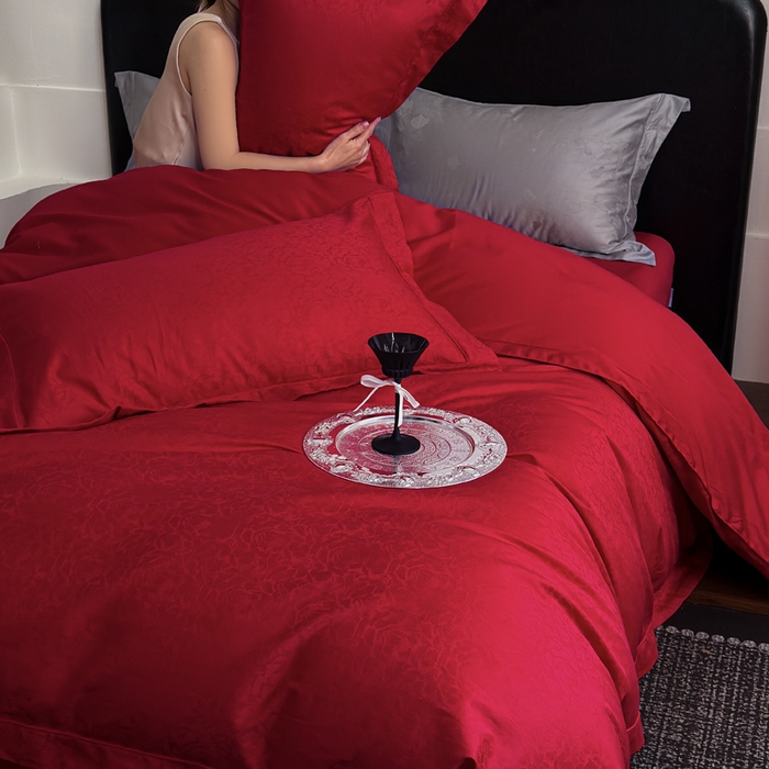 91家纺网 家纺一手货源 找家纺 睡棉坊 2026新款双股长绒棉四件套埋绳款全棉提花四件套 春光里-大红