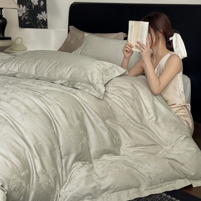 91家纺网 家纺一手货源 找家纺 睡棉坊 2026新款双股长绒棉四件套埋绳款全棉提花四件套 千恋花-豆灰绿