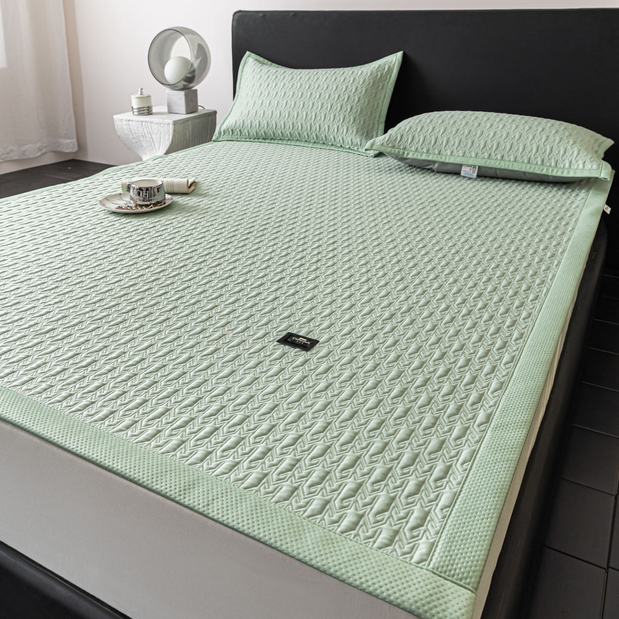 91家纺网 家纺一手货源 找家纺 慕木家纺 2026新款A类复合三明治PE乙纶提花冰豆豆凉席床笠海之恋系列（提供买家秀） 海之恋-绿床席款