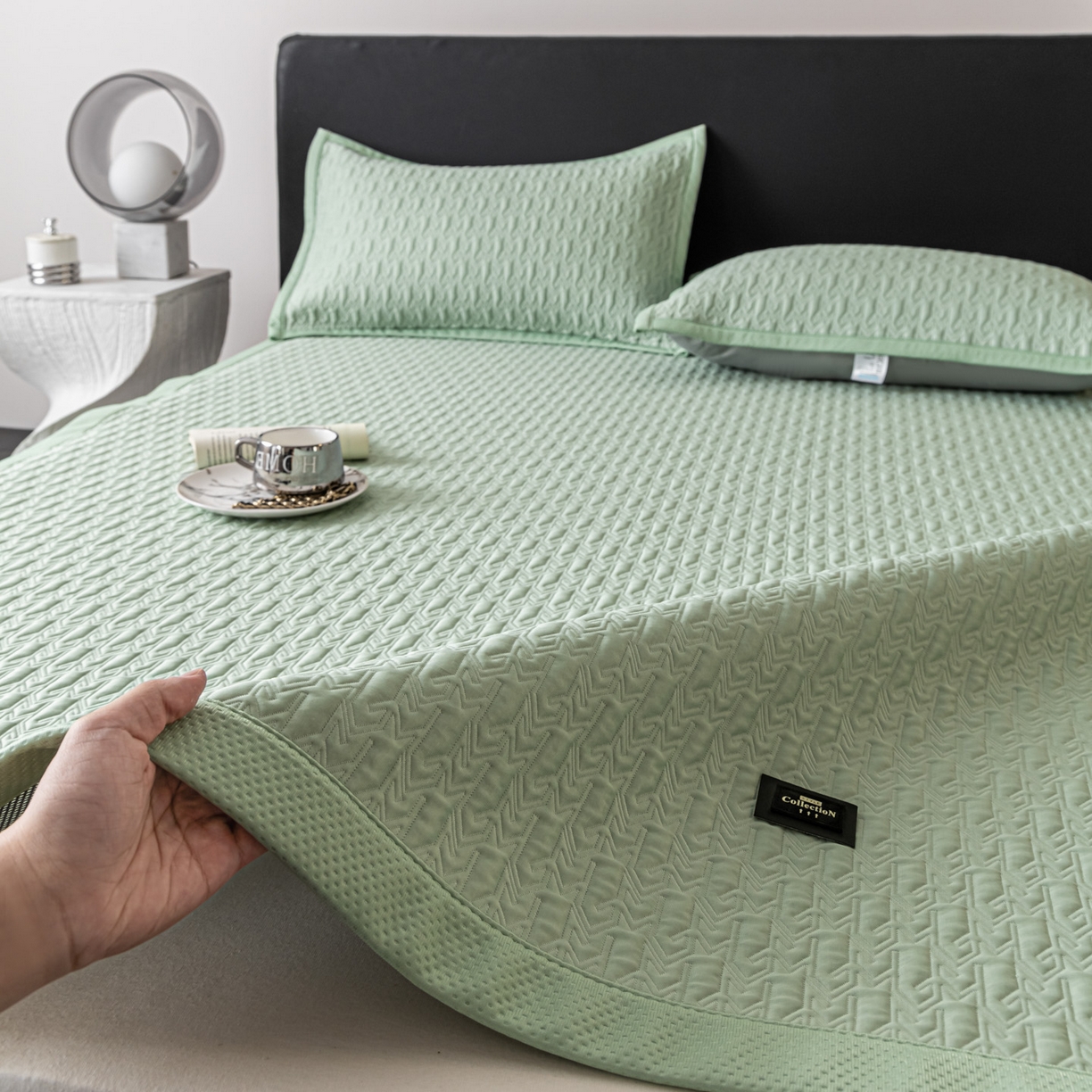 91家纺网 家纺一手货源 找家纺 慕木家纺 2026新款A类复合三明治PE乙纶提花冰豆豆凉席床笠海之恋系列（提供买家秀） 海之恋-绿床席款