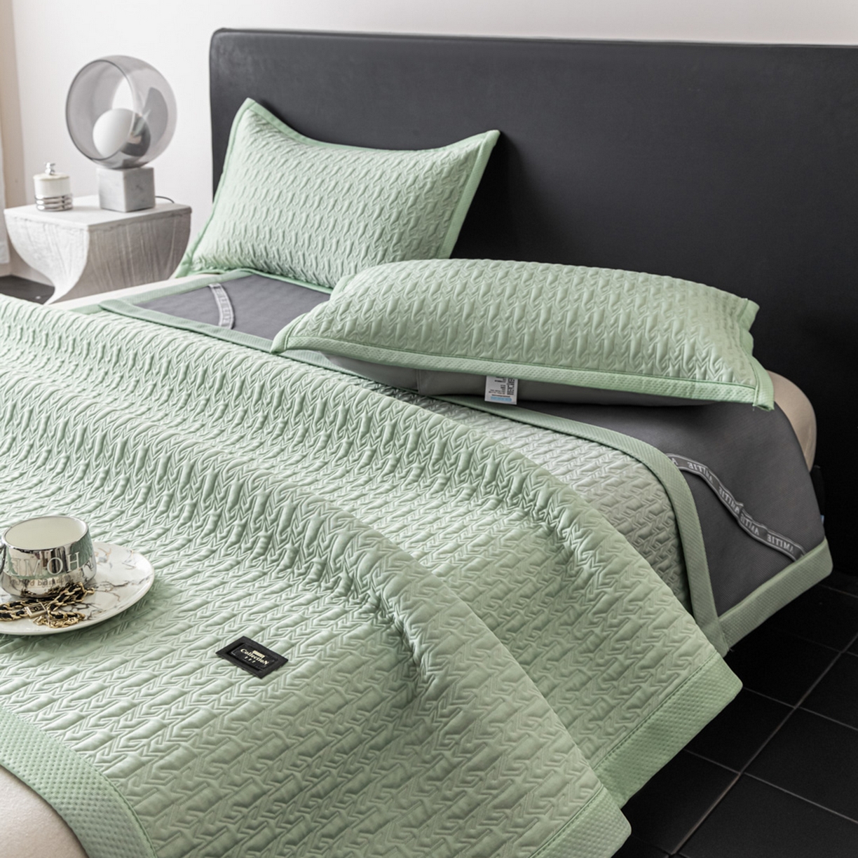 91家纺网 家纺一手货源 找家纺 慕木家纺 2026新款A类复合三明治PE乙纶提花冰豆豆凉席床笠海之恋系列（提供买家秀） 海之恋-绿床席款