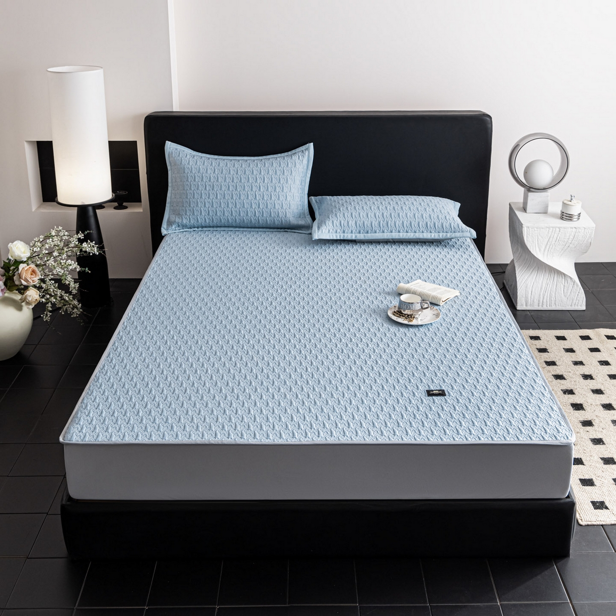 91家纺网 家纺一手货源 找家纺 慕木家纺 2026新款A类复合三明治PE乙纶提花冰豆豆凉席床笠海之恋系列（提供买家秀） 海之恋-蓝床笠款