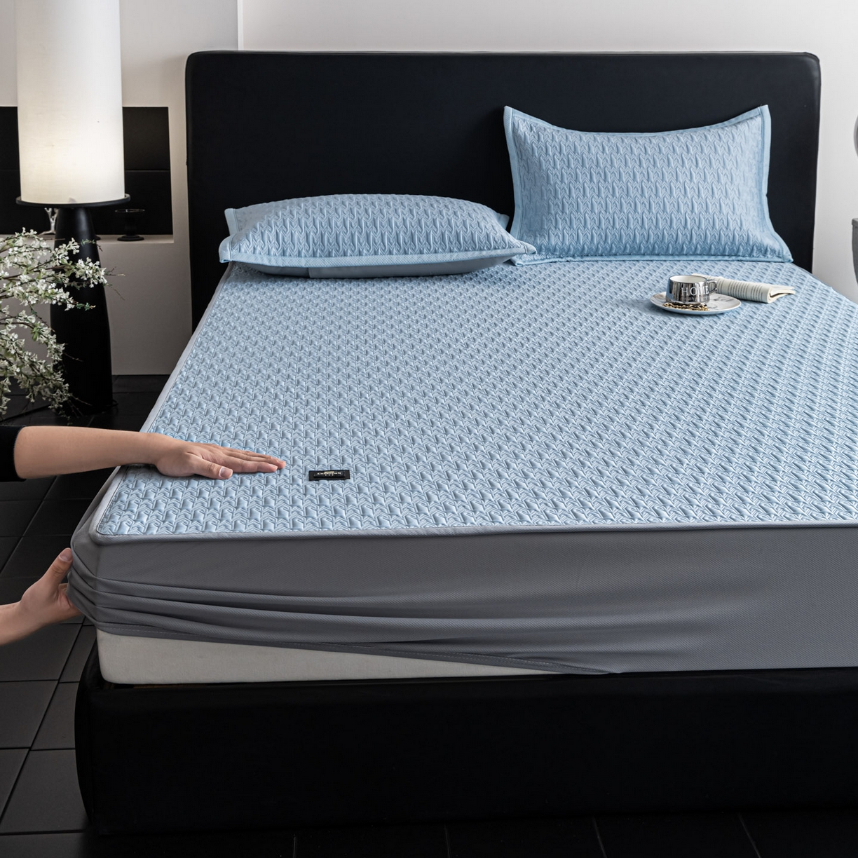 91家纺网 家纺一手货源 找家纺 慕木家纺 2026新款A类复合三明治PE乙纶提花冰豆豆凉席床笠海之恋系列（提供买家秀） 海之恋-蓝床笠款