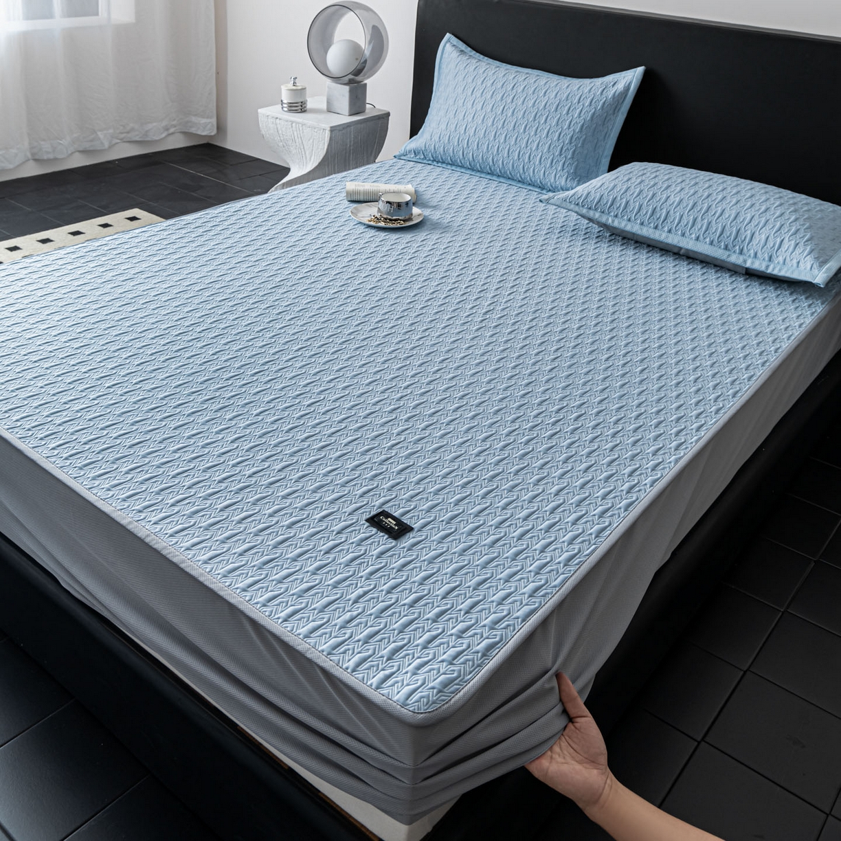 91家纺网 家纺一手货源 找家纺 慕木家纺 2026新款A类复合三明治PE乙纶提花冰豆豆凉席床笠海之恋系列（提供买家秀） 海之恋-蓝床笠款