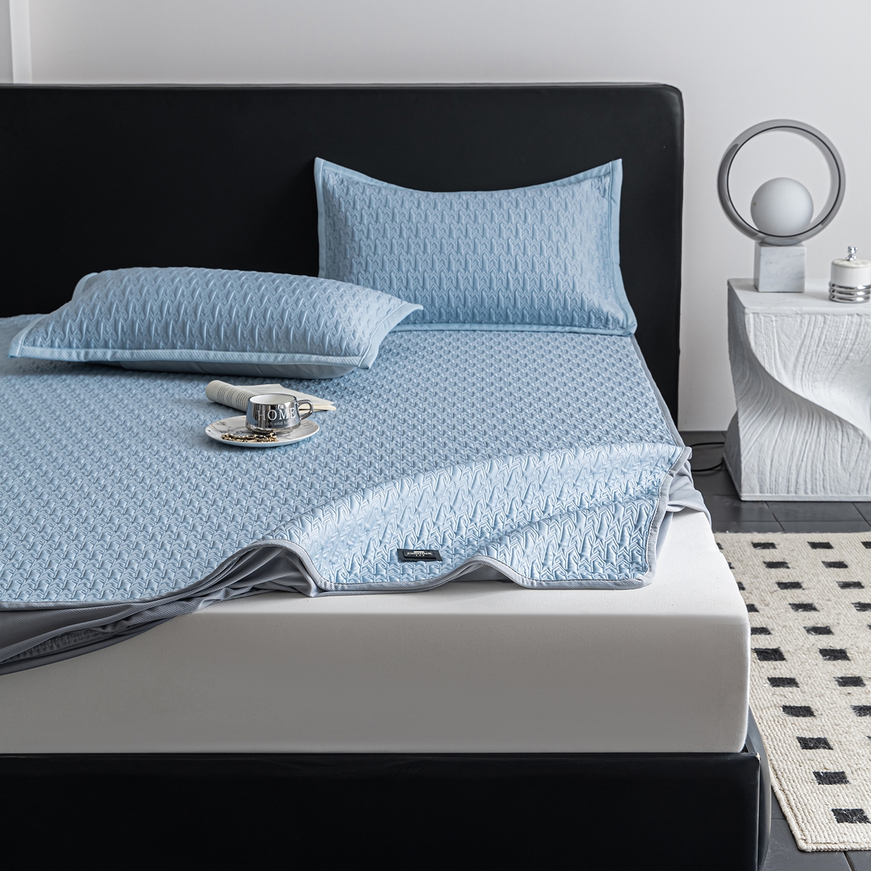 91家纺网 家纺一手货源 找家纺 慕木家纺 2026新款A类复合三明治PE乙纶提花冰豆豆凉席床笠海之恋系列（提供买家秀） 海之恋-蓝床笠款