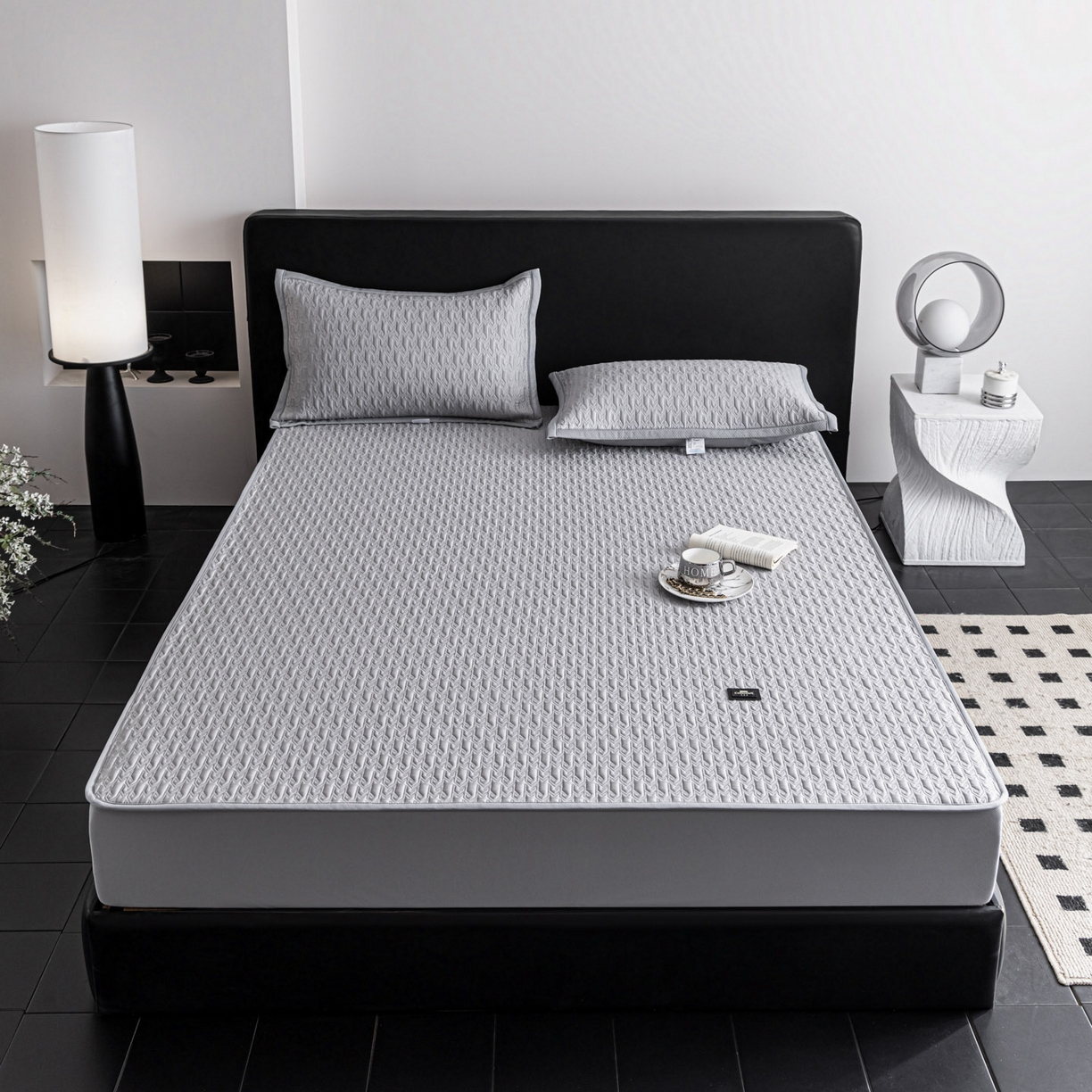 91家纺网 家纺一手货源 找家纺 慕木家纺 2026新款A类复合三明治PE乙纶提花冰豆豆凉席床笠海之恋系列（提供买家秀） 海之恋-灰床笠款