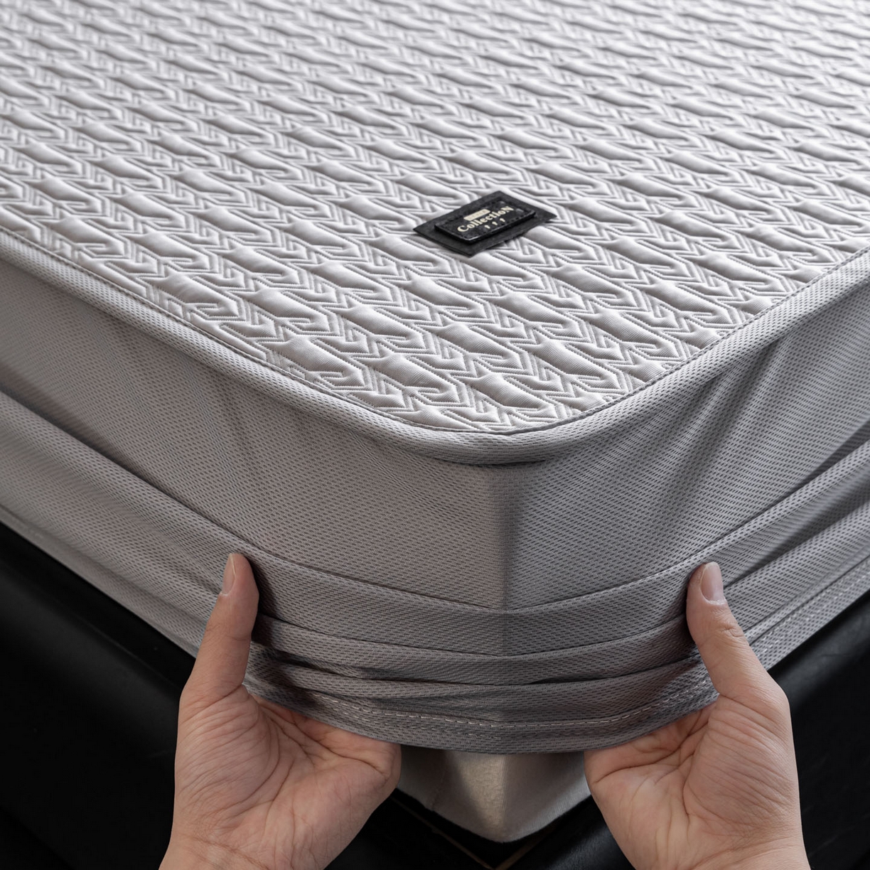 91家纺网 家纺一手货源 找家纺 慕木家纺 2026新款A类复合三明治PE乙纶提花冰豆豆凉席床笠海之恋系列（提供买家秀） 海之恋-灰床笠款