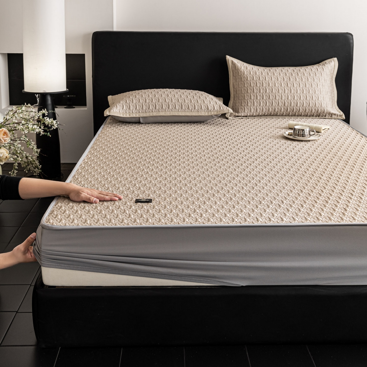 91家纺网 家纺一手货源 找家纺 慕木家纺 2026新款A类复合三明治PE乙纶提花冰豆豆凉席床笠海之恋系列（提供买家秀） 海之恋-卡其床笠款