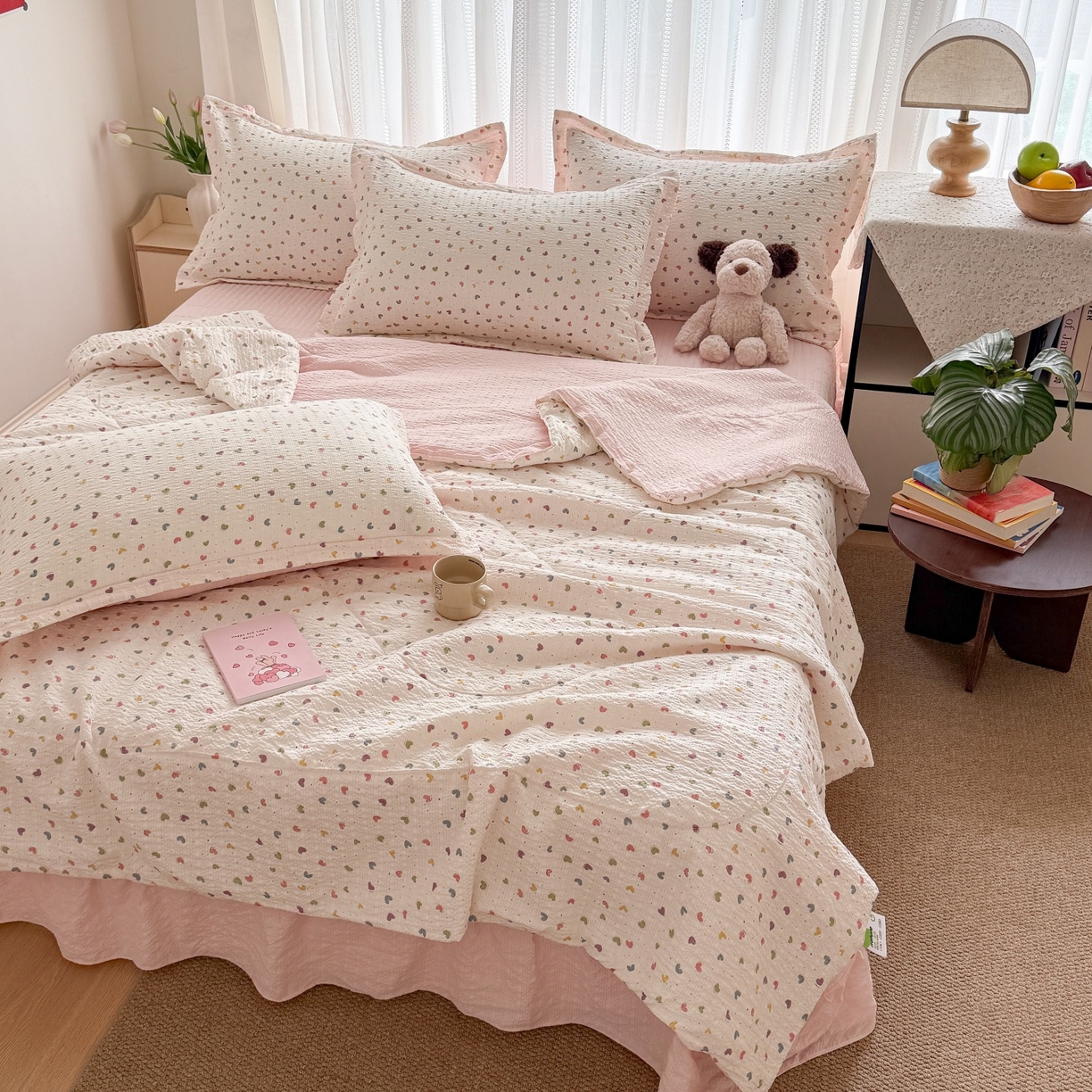91家纺网 家纺一手货源 找家纺 禾沐 2026新款云感泡芙棉泡芙纱床盖夏被四件套 爱心点点