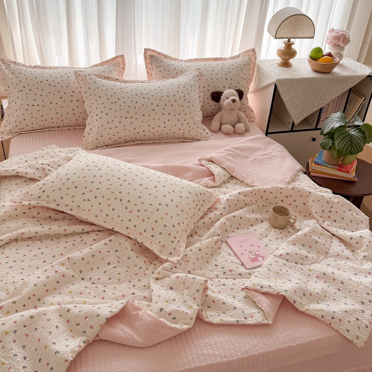 91家纺网 家纺一手货源 找家纺 禾沐 2026新款云感泡芙棉泡芙纱床盖夏被四件套 爱心点点