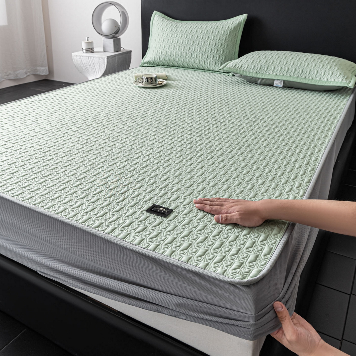 91家纺网 家纺一手货源 找家纺 慕木家纺 2026新款A类复合三明治PE乙纶提花冰豆豆凉席床笠海之恋系列（提供买家秀） 海之恋-绿床笠款