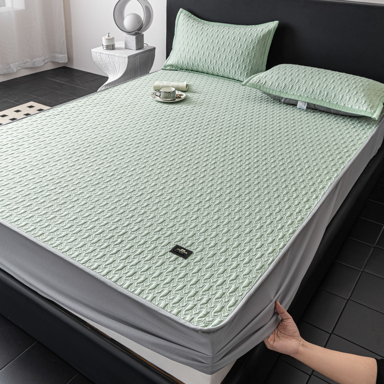 91家纺网 家纺一手货源 找家纺 慕木家纺 2026新款A类复合三明治PE乙纶提花冰豆豆凉席床笠海之恋系列（提供买家秀） 海之恋-绿床笠款