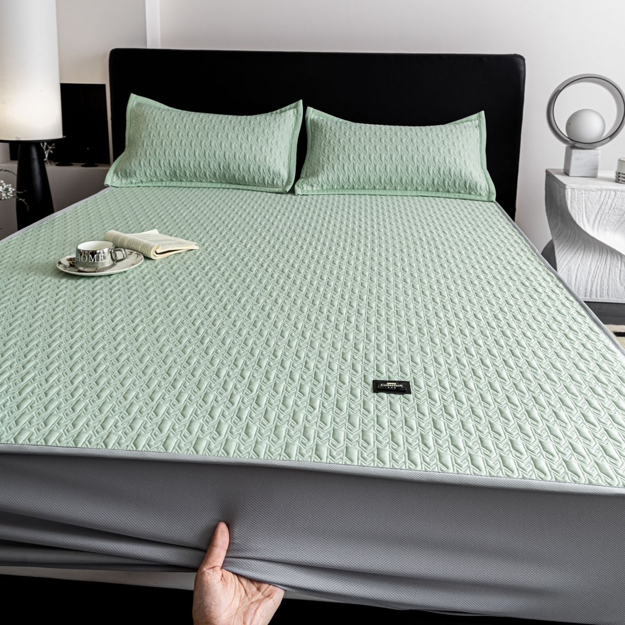 91家纺网 家纺一手货源 找家纺 慕木家纺 2026新款A类复合三明治PE乙纶提花冰豆豆凉席床笠海之恋系列（提供买家秀） 海之恋-绿床笠款