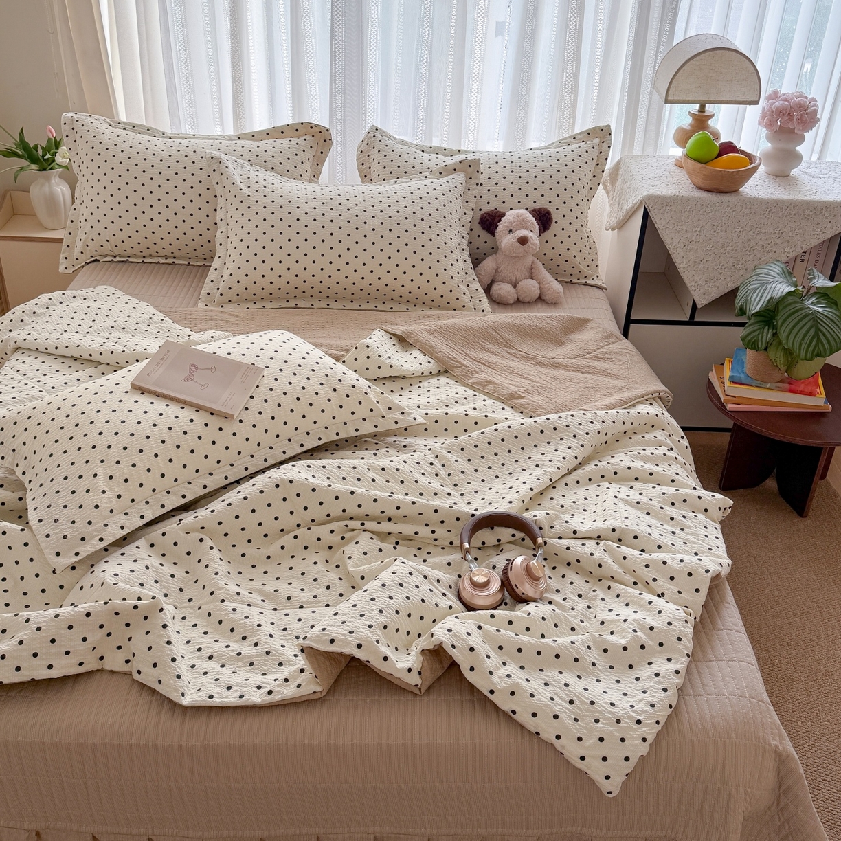 91家纺网 家纺一手货源 找家纺 禾沐 2026新款云感泡芙棉泡芙纱床盖夏被四件套 波点