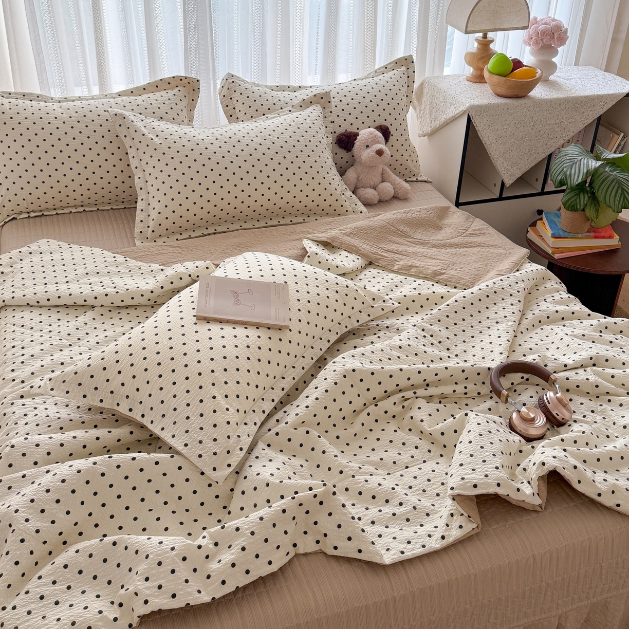 91家纺网 家纺一手货源 找家纺 禾沐 2026新款云感泡芙棉泡芙纱床盖夏被四件套 波点