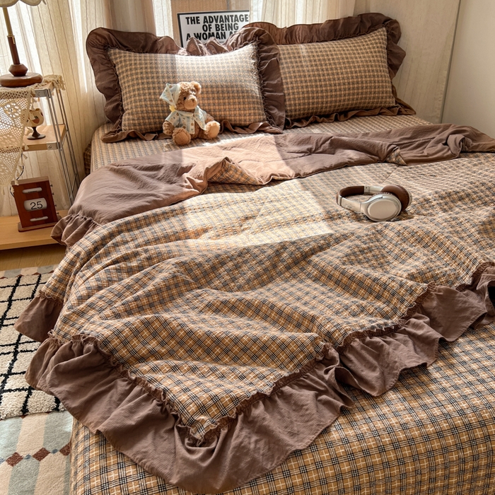 禾沐 2026新款床盖款花边夏被四件套 古典格