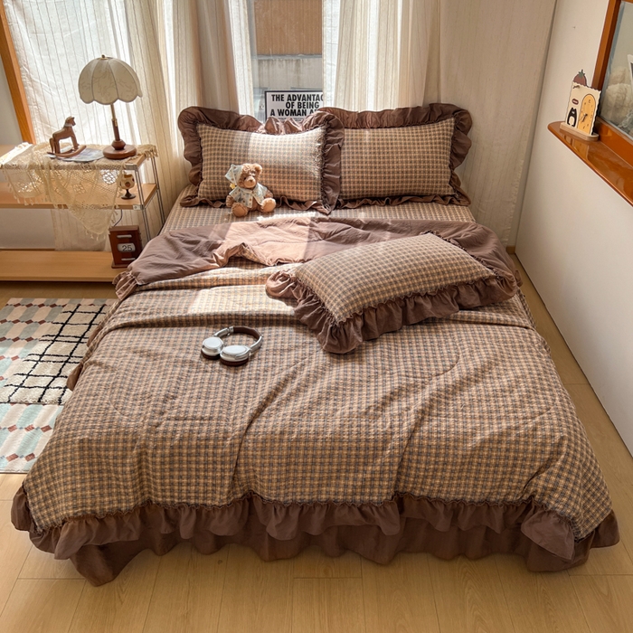 91家纺网 家纺一手货源 找家纺 禾沐 2026新款床盖款花边夏被四件套 古典格