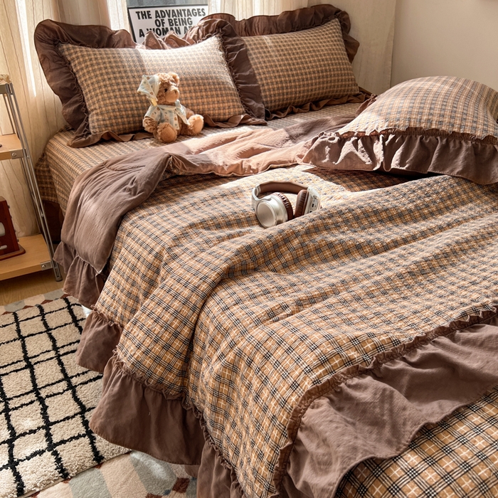 91家纺网 家纺一手货源 找家纺 禾沐 2026新款床盖款花边夏被四件套 古典格