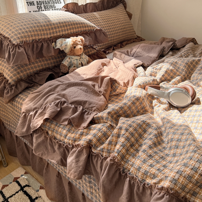 91家纺网 家纺一手货源 找家纺 禾沐 2026新款床盖款花边夏被四件套 古典格