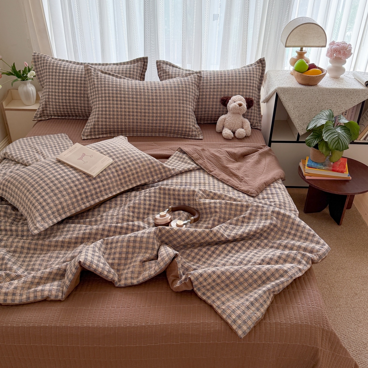 91家纺网 家纺一手货源 找家纺 禾沐 2026新款云感泡芙棉泡芙纱床盖夏被四件套 古典格