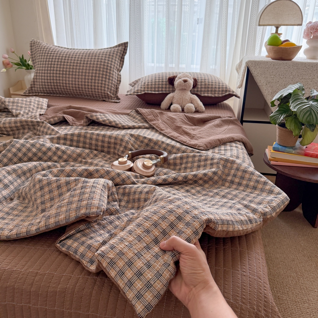 91家纺网 家纺一手货源 找家纺 禾沐 2026新款云感泡芙棉泡芙纱床盖夏被四件套 古典格