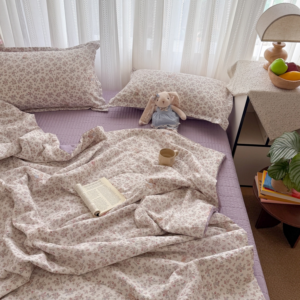 91家纺网 家纺一手货源 找家纺 禾沐 2026新款云感泡芙棉泡芙纱床盖夏被四件套 红果兔兔