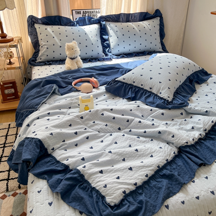 禾沐 2026新款床盖款花边夏被四件套 兰爱心