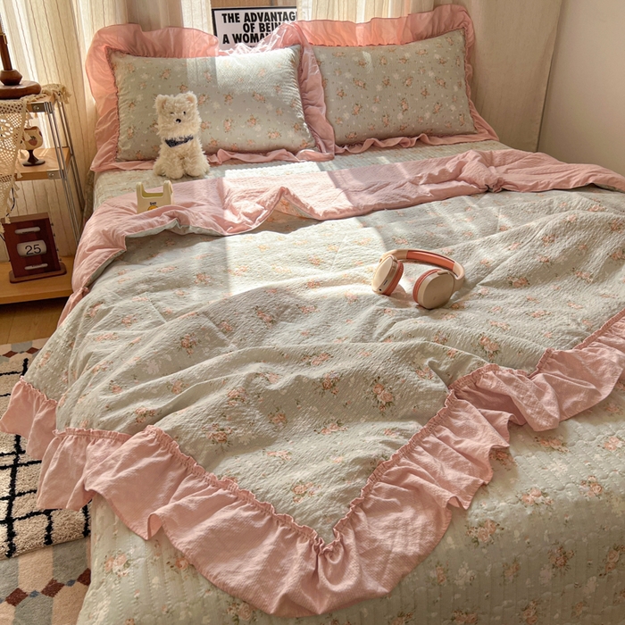 禾沐 2026新款床盖款花边夏被四件套 绿蔷薇