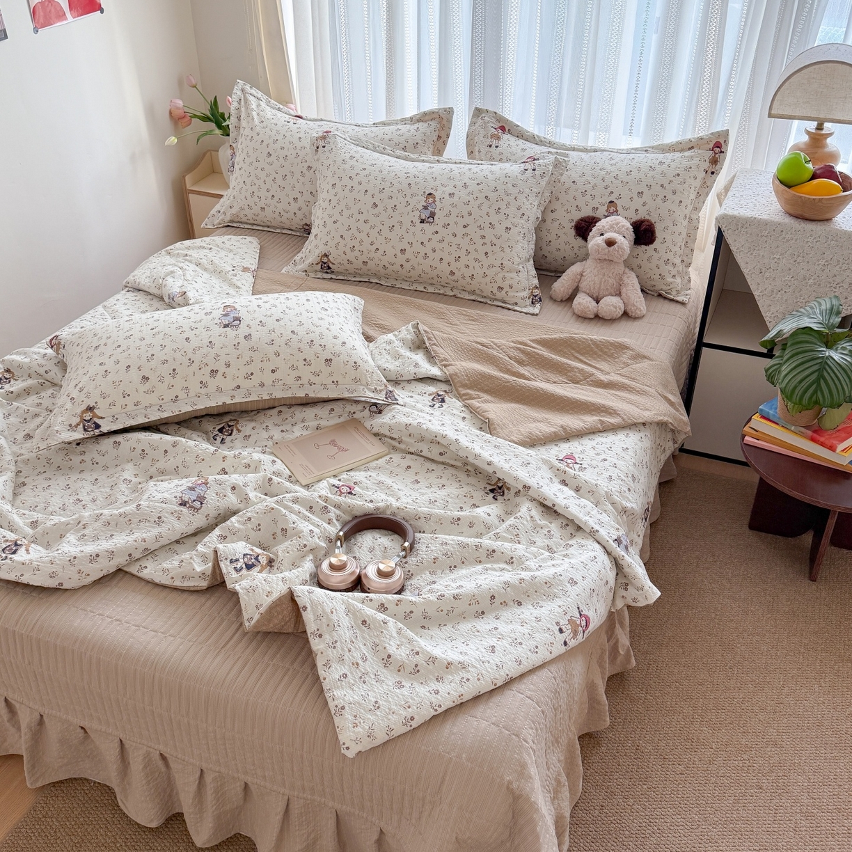 91家纺网 家纺一手货源 找家纺 禾沐 2026新款云感泡芙棉泡芙纱床盖夏被四件套 花间娃娃