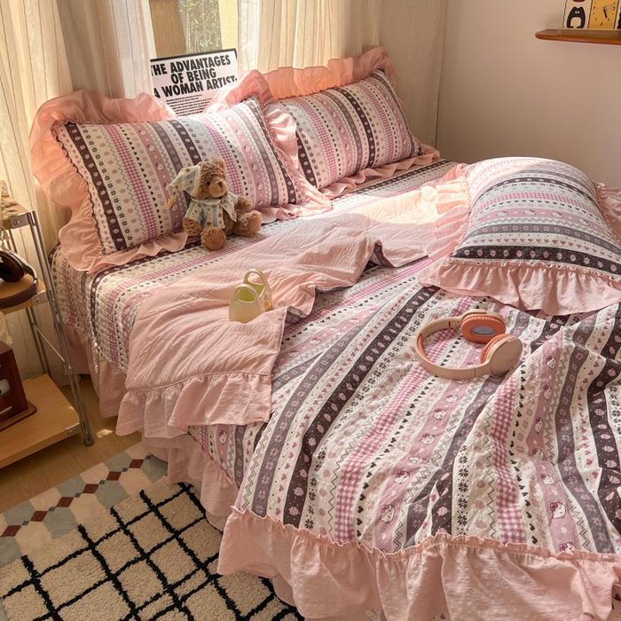 91家纺网 家纺一手货源 找家纺 禾沐 2026新款床盖款花边夏被四件套 猫咪集