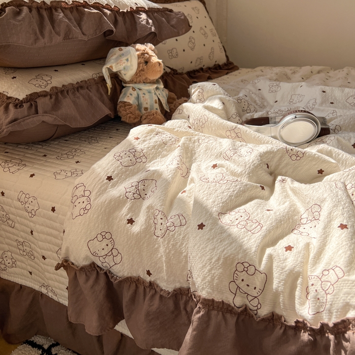 91家纺网 家纺一手货源 找家纺 禾沐 2026新款床盖款花边夏被四件套 描线小猫