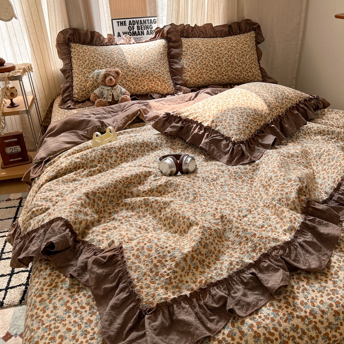 禾沐 2026新款床盖款花边夏被四件套 暖橘枝