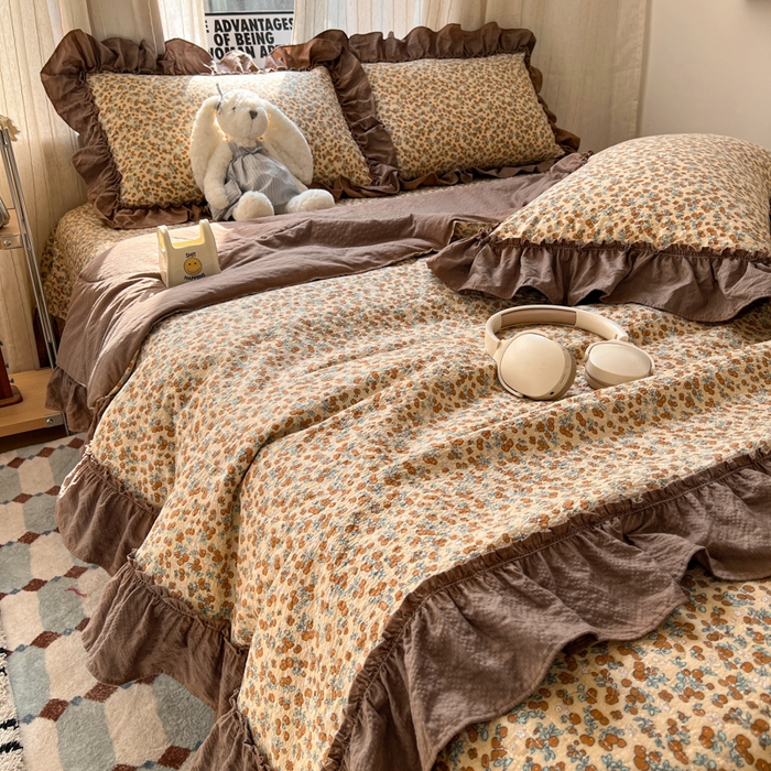 91家纺网 家纺一手货源 找家纺 禾沐 2026新款床盖款花边夏被四件套 暖橘枝