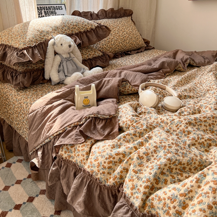 91家纺网 家纺一手货源 找家纺 禾沐 2026新款床盖款花边夏被四件套 暖橘枝