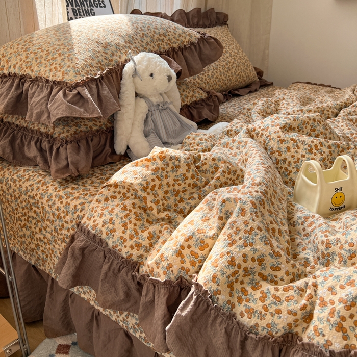 91家纺网 家纺一手货源 找家纺 禾沐 2026新款床盖款花边夏被四件套 暖橘枝