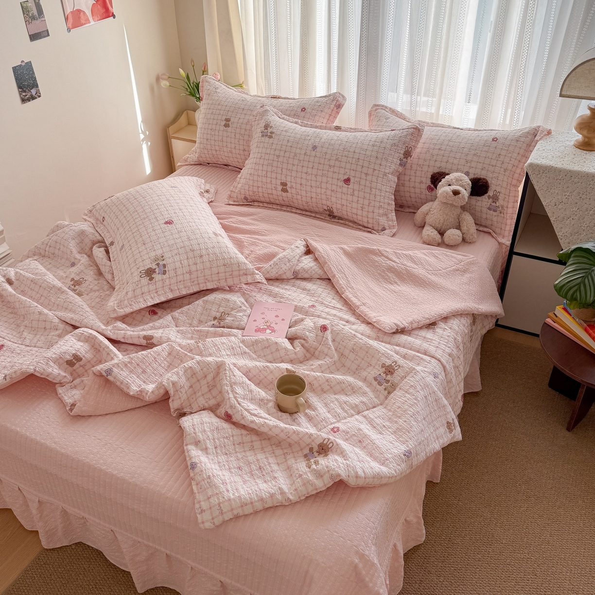 91家纺网 家纺一手货源 找家纺 禾沐 2026新款云感泡芙棉泡芙纱床盖夏被四件套 蜜桃小兔