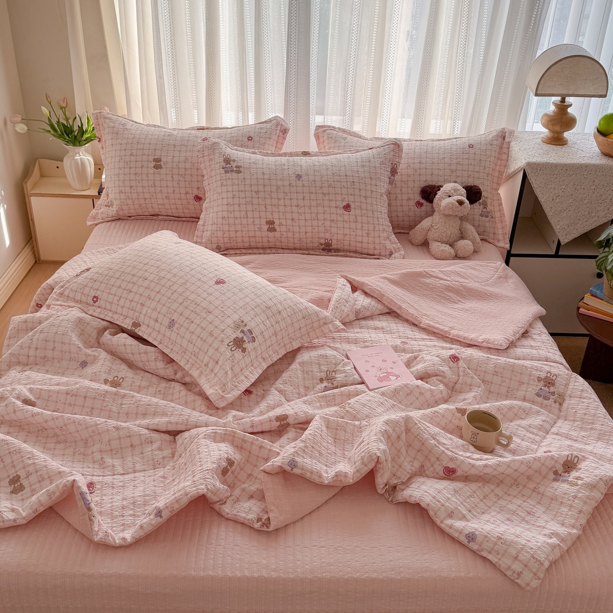 91家纺网 家纺一手货源 找家纺 禾沐 2026新款云感泡芙棉泡芙纱床盖夏被四件套 蜜桃小兔