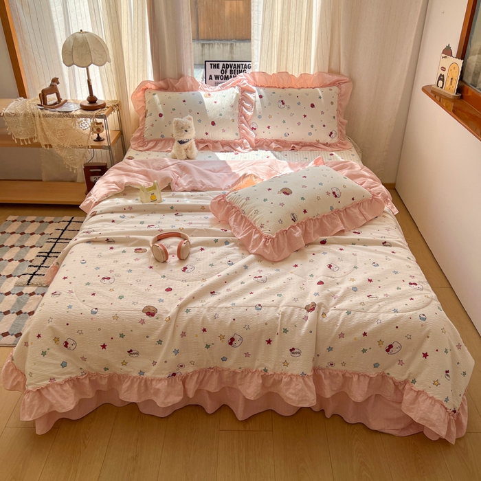 91家纺网 家纺一手货源 找家纺 禾沐 2026新款床盖款花边夏被四件套 星光凯蒂