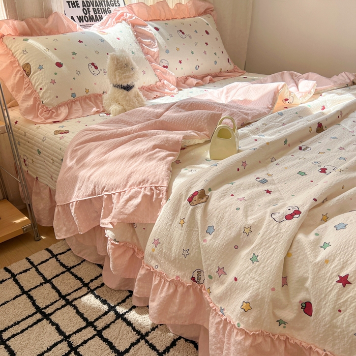 91家纺网 家纺一手货源 找家纺 禾沐 2026新款床盖款花边夏被四件套 星光凯蒂