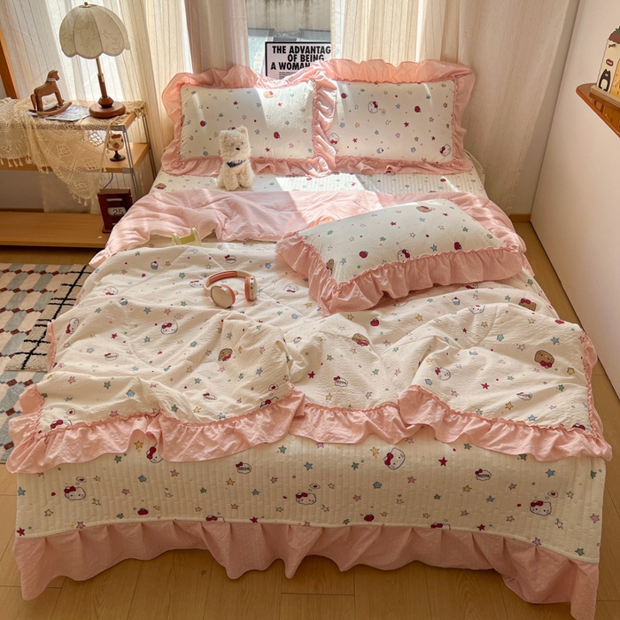 91家纺网 家纺一手货源 找家纺 禾沐 2026新款床盖款花边夏被四件套 星光凯蒂