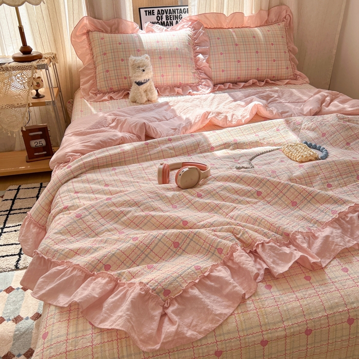 91家纺网 家纺一手货源 找家纺 禾沐 2026新款床盖款花边夏被四件套 予诗粉