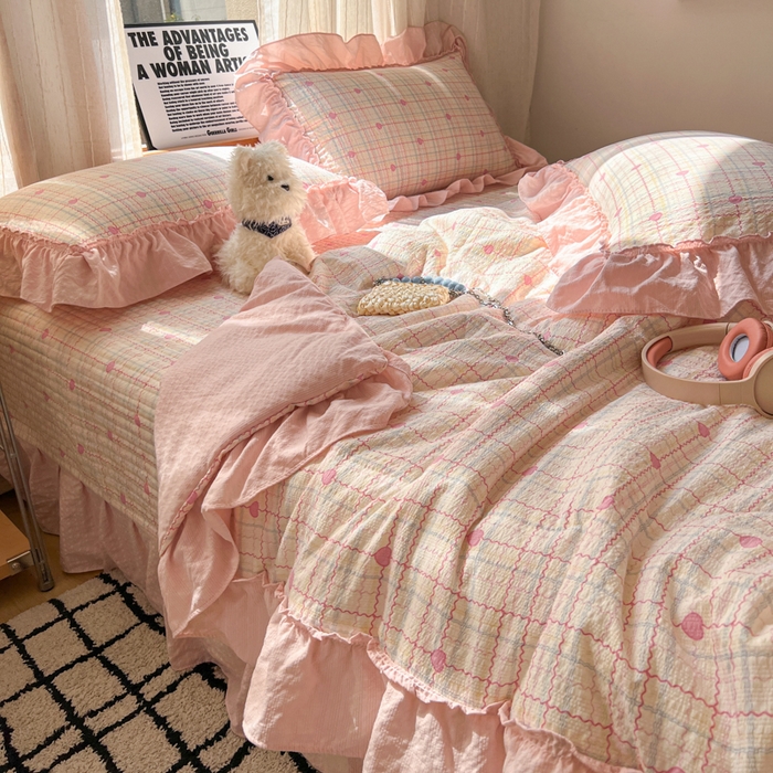 91家纺网 家纺一手货源 找家纺 禾沐 2026新款床盖款花边夏被四件套 予诗粉