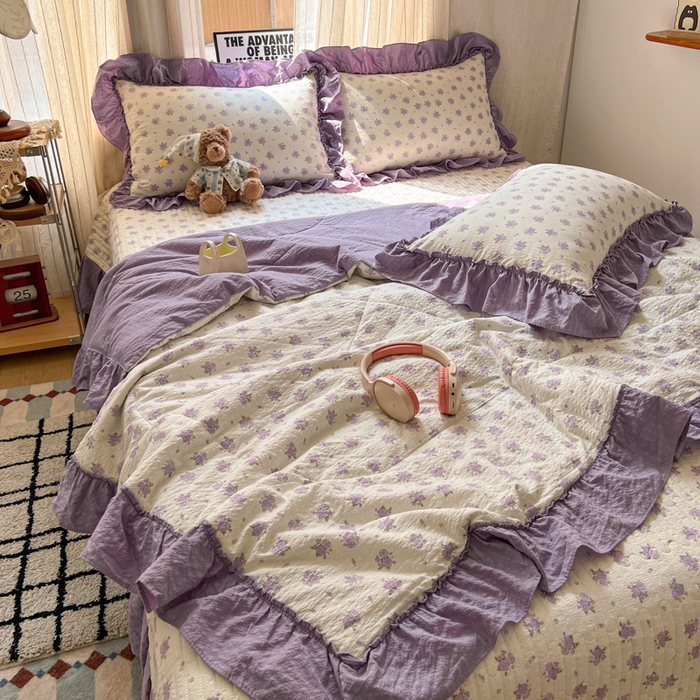 禾沐 2026新款床盖款花边夏被四件套 芋泥花束