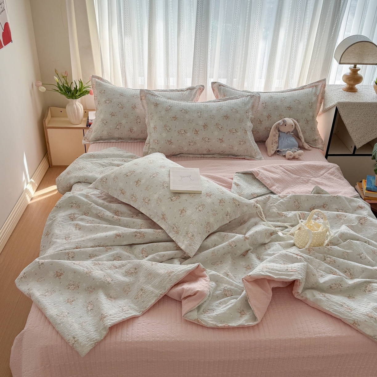 91家纺网 家纺一手货源 找家纺 禾沐 2026新款云感泡芙棉泡芙纱床盖夏被四件套 柔诗意
