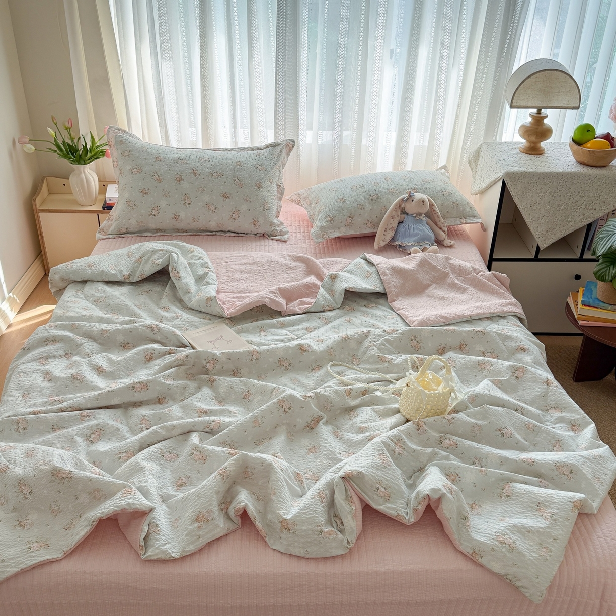91家纺网 家纺一手货源 找家纺 禾沐 2026新款云感泡芙棉泡芙纱床盖夏被四件套 柔诗意