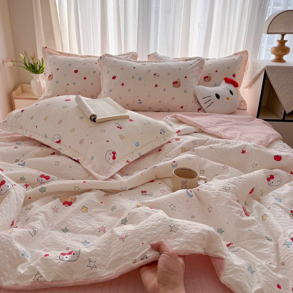 91家纺网 家纺一手货源 找家纺 禾沐 2026新款云感泡芙棉泡芙纱床盖夏被四件套 星芒凯蒂